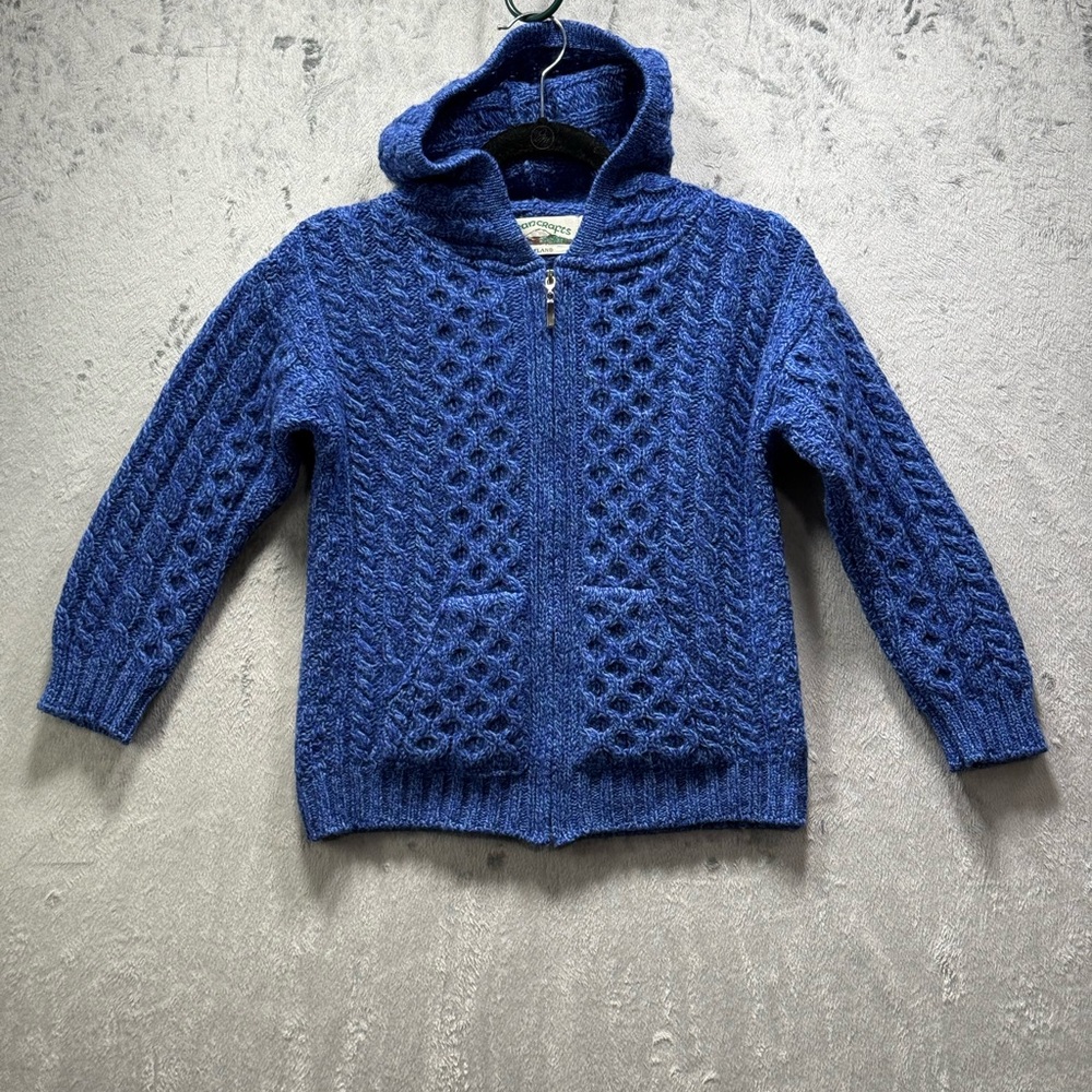 Kids Irish Aran Blue Sweater wHood Child Sz 8-10 YEARS Fisherman Chunky Knit EUC